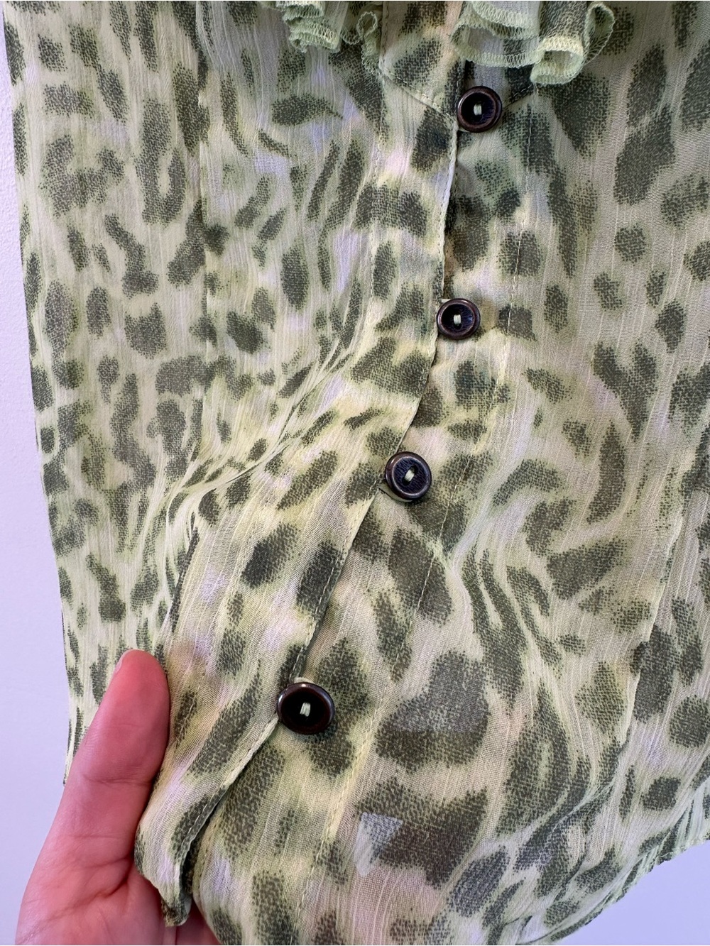 Green Leopard-Print Ruffle Button Blouse - Picture 5 of 9